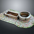Colorful Mosaic Floor Design With Stone Circular Well And Rectangular Trough