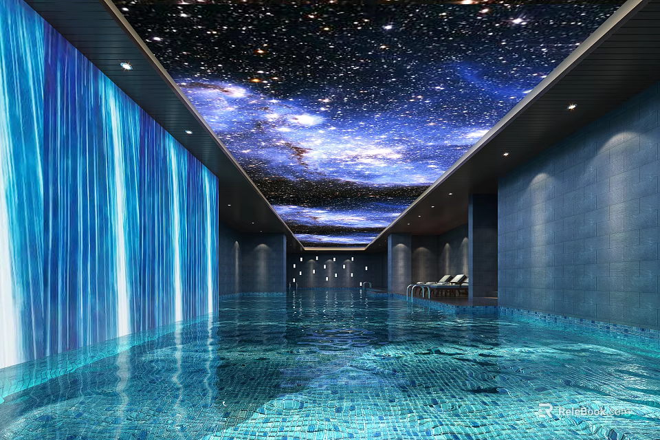 Modern Swimming Pool Interior With Starry Sky Ceiling And Blue Water Curtain 3d model 