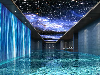 Modern Swimming Pool Interior With Starry Sky Ceiling And Blue Water Curtain 3d model