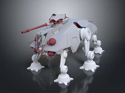 White Mechanical Sci Fi Quadruped Creature With Red Cannon And Legs 3d model