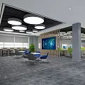 Modern Public Office Space Interior With Green Chairs Workstations And Ceiling Lights 3d model