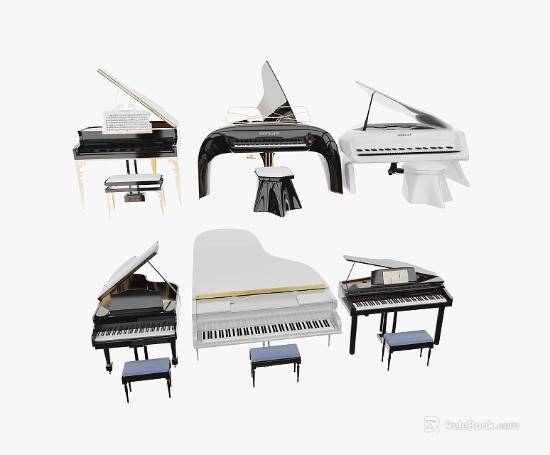 Musical Instruments Various Style Pianos in Black White with Stools Collection 3d model