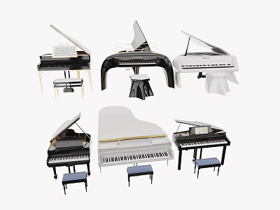 Musical Instruments Various Style Pianos in Black White with Stools Collection 3d model