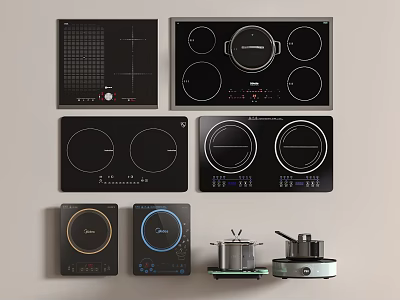 Modern Kitchen Appliances Displaying Various Induction Cooktops With Sleek Glass Tops 3d model