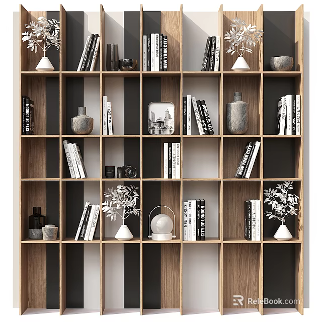 Modern Wooden Bookcase With Multiple Compartments Books And Decorative Vases 3d model 