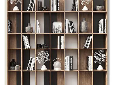 Modern Wooden Bookcase With Multiple Compartments Books And Decorative Vases 3d model