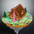 Pixel Art Wooden House On Floating Island With Brown Roof Green Trees And Pink Tower