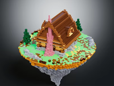 Pixel Art Wooden House On Floating Island With Brown Roof Green Trees And Pink Tower 3d model