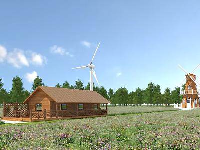 Wooden Cabin in Flower Field with Wind Turbines and Green Trees Under Blue Sky 3d model