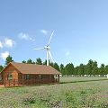 Wooden Cabin in Flower Field with Wind Turbines and Green Trees Under Blue Sky