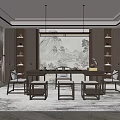Chinese Style Tea Room Interior With Long Table Chairs Wall Painting Bookshelves And Pendant Light