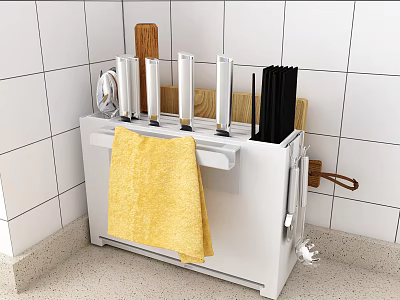 Practical Kitchen Utensil Organizer With Knives Chopsticks Yellow Towel On White Tiled Wall Countertop 3d model