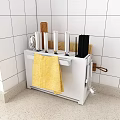 Practical Kitchen Utensil Organizer With Knives Chopsticks Yellow Towel On White Tiled Wall Countertop