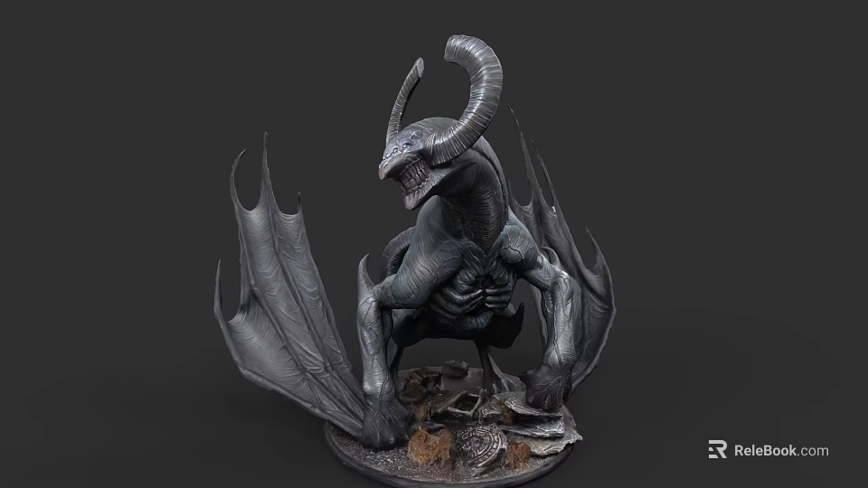 Game and Movie Character Horned Winged Demon Like Creature 3D Model With Rock Base 3d model