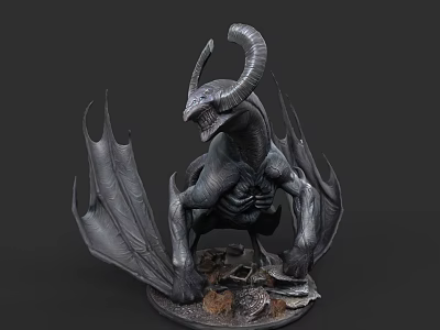 Game and Movie Character Horned Winged Demon Like Creature 3D Model With Rock Base 3d model