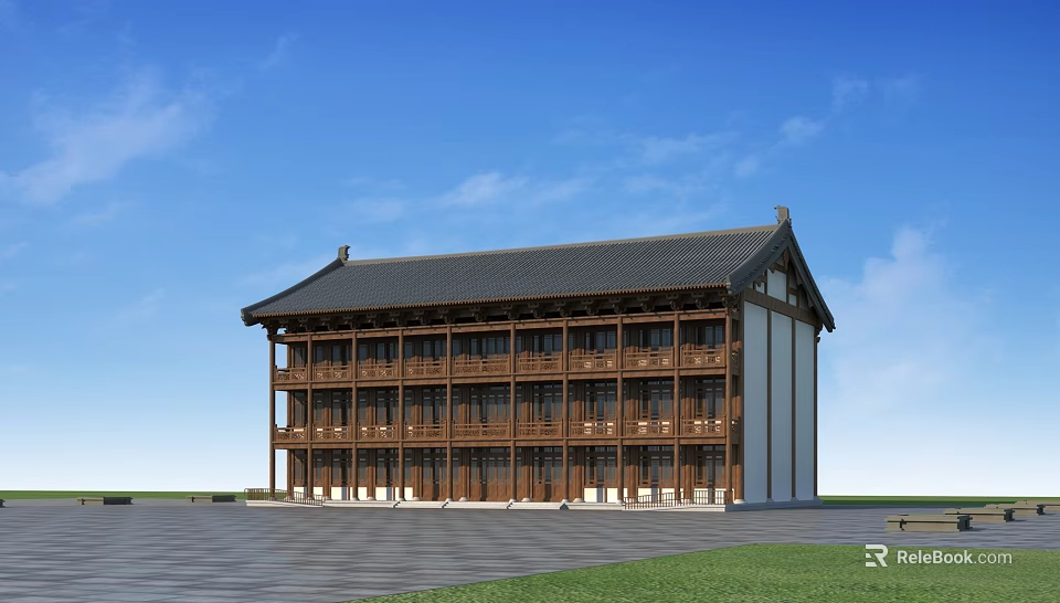 Ancient Traditional Architecture With Multi story Wooden Structure Black Roof And Blue Sky 3d model 