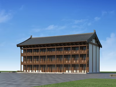 Ancient Traditional Architecture With Multi story Wooden Structure Black Roof And Blue Sky 3d model