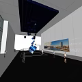 Modern Exhibition Hall Interior With Innovation Impression Blue Geometric Decor And Cityscape Screen