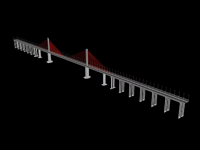 Modern Cable Stayed Bridge Featuring Red Cables And White Piers Structure 3d model