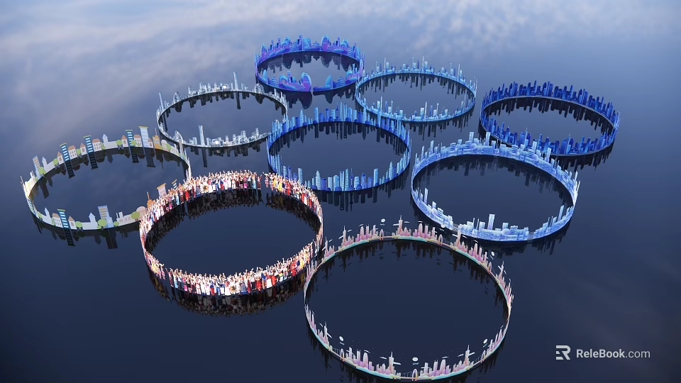 Innovative Garden Landscape With Circular Structures Blue White Buildings And Water Bodies 3d model 