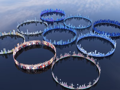 Innovative Garden Landscape With Circular Structures Blue White Buildings And Water Bodies 3d model