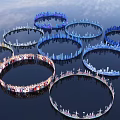 Innovative Garden Landscape With Circular Structures Blue White Buildings And Water Bodies