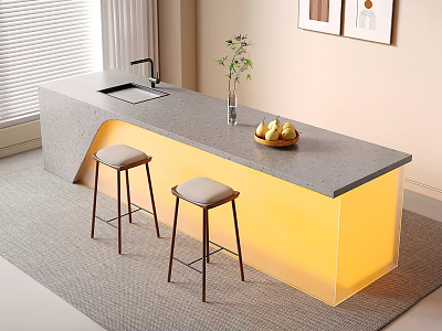 Modern Bar Counter with Gray Countertop Yellow Lighting Upholstered Stools Vase Plant and Fruit Bowl 3d model