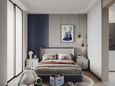 Modern Kids Room Interior Design With Navy Blue Wall Bedside Tables Rug And Stuffed Toy 3d model