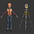 Construction Worker In Safety Helmet And Reflective Vest With Surveying Instrument On Tripod
