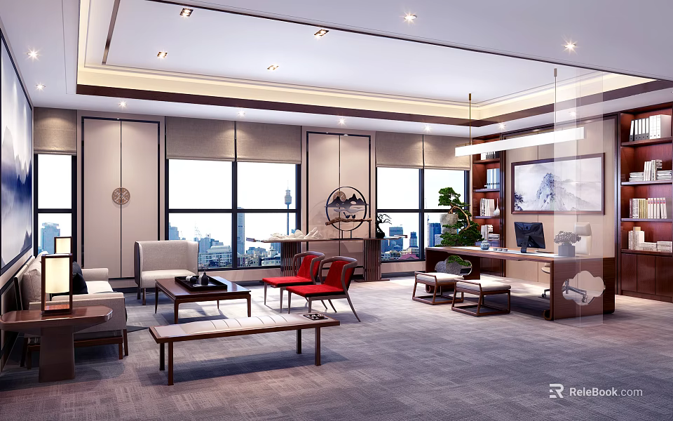 Modern Office Interior Design With Executive Desk Sofa Plants And Large Windows 3d model