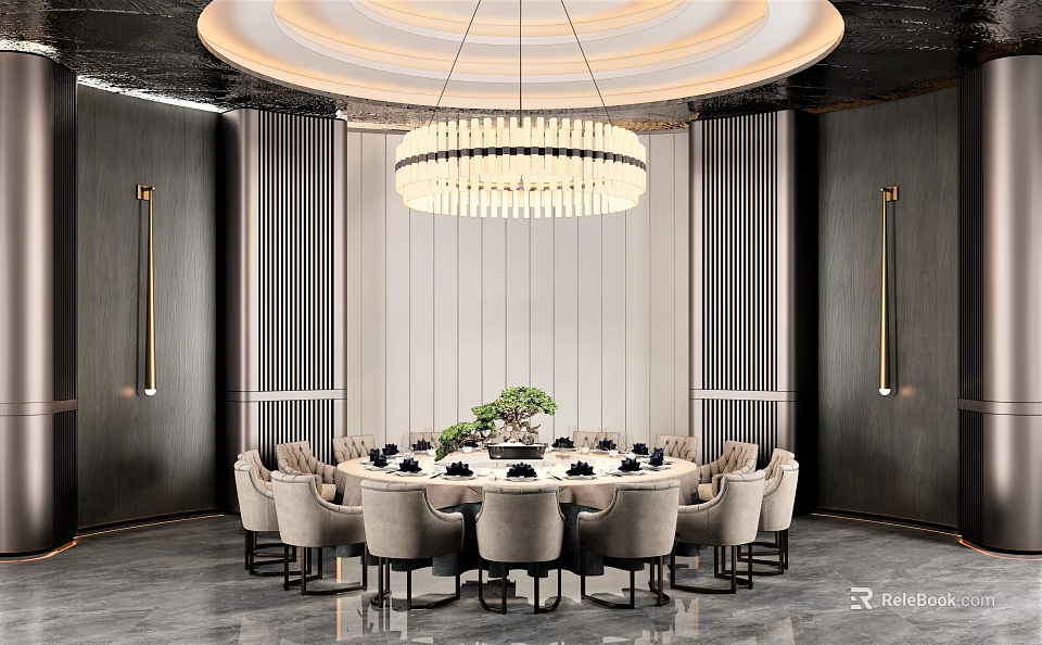 Luxurious Private Dining Room With Round Table Chandelier And Modern Wall Paneling 3d model 