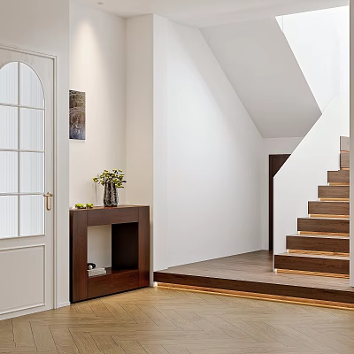 Bright Entrance Hall With White Door Wooden Console Table And Staircase 3d model