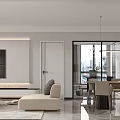 Modern Living Dining Room Interior Design With White Sofa Beige Lounge Chair Dining Table And Wooden Wall Decor