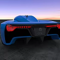 Blue Sports Car With Sleek Design On Concrete Ground Against Sunset Sky