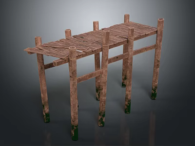 Simple Rustic Wooden Platform Frame With Planked Top And Green Based Posts 3d model