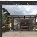Modern Teahouse with Glass Roof and Open Design Surrounded by Green Plants and Wooden Furniture