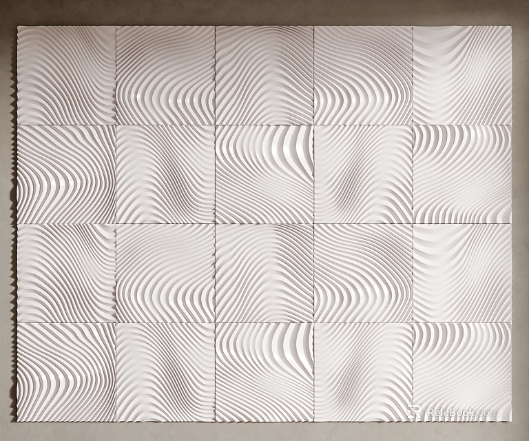 Modern White Decorative Wall With Square Panels Featuring Wavy Textured Design Elements 3d model 