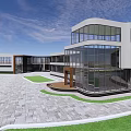 Modern Architectural Building With Geometric Glass Roof Large Windows Lawn And Stone Paved Ground
