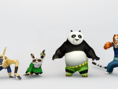 Kung Fu Panda Character Dolls Featuring Panda Tiger Monkey And Raccoon In Action Poses 3d model