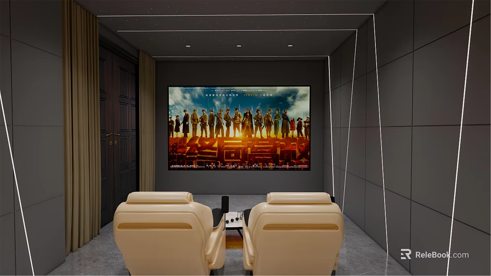 Modern Home Theater Room Interior With Large Screen And Beige Recliner Chairs 3d model 