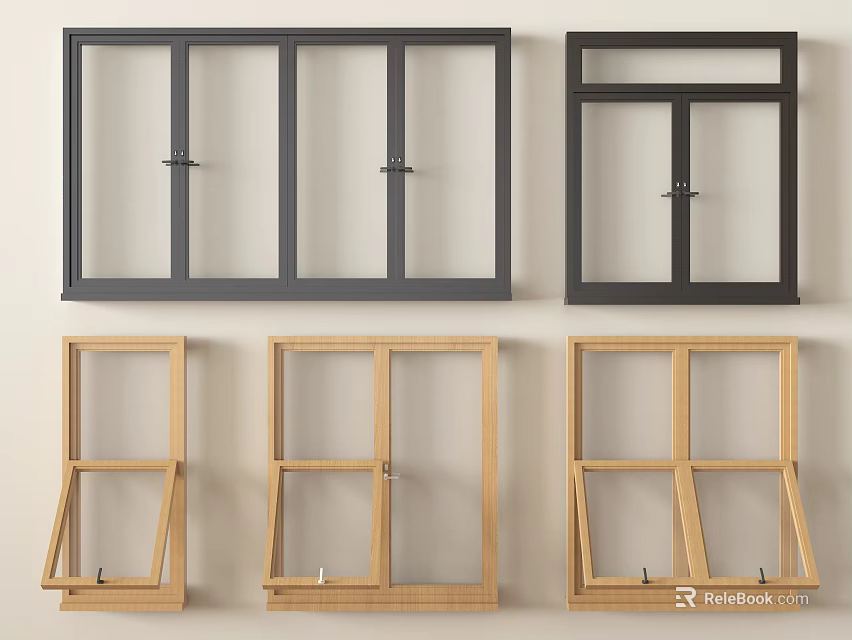 Different Black And Wooden Window Frames With Casement And Awning Styles 3d model