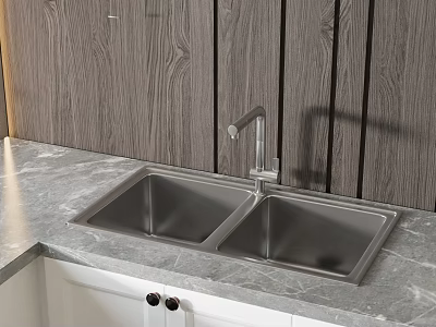 Stainless Steel Double Bowl Kitchen Sink With Faucet On Marble Countertop 3d model