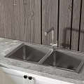 Stainless Steel Double Bowl Kitchen Sink With Faucet On Marble Countertop