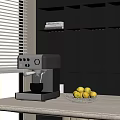 Modern Kitchen Counter With Stainless Steel Coffee Machine Black Open Shelves And Fresh Lemons