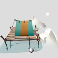 Cartoon Scenic Tent On Wooden Platform Over Water With Clouds And Small Boat