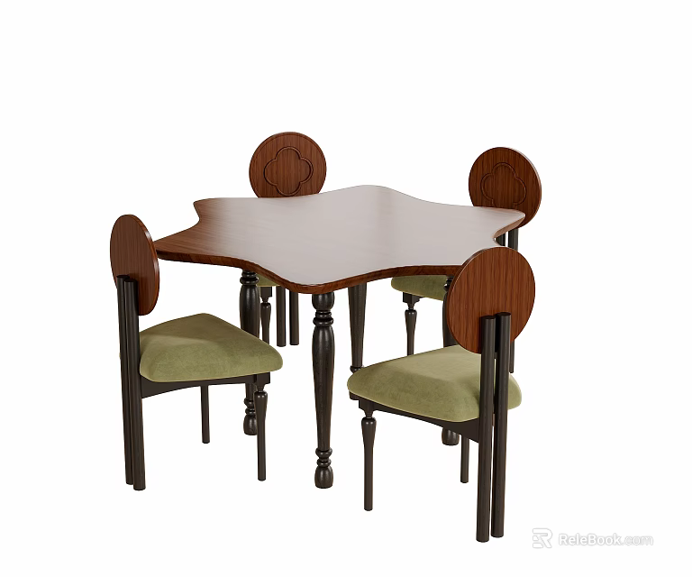 Square Wooden Table and Chair Set with Black Legs Round Backrests Green Padded Seats 3d model 