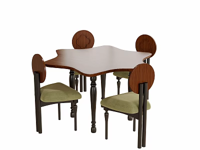 Square Wooden Table and Chair Set with Black Legs Round Backrests Green Padded Seats 3d model