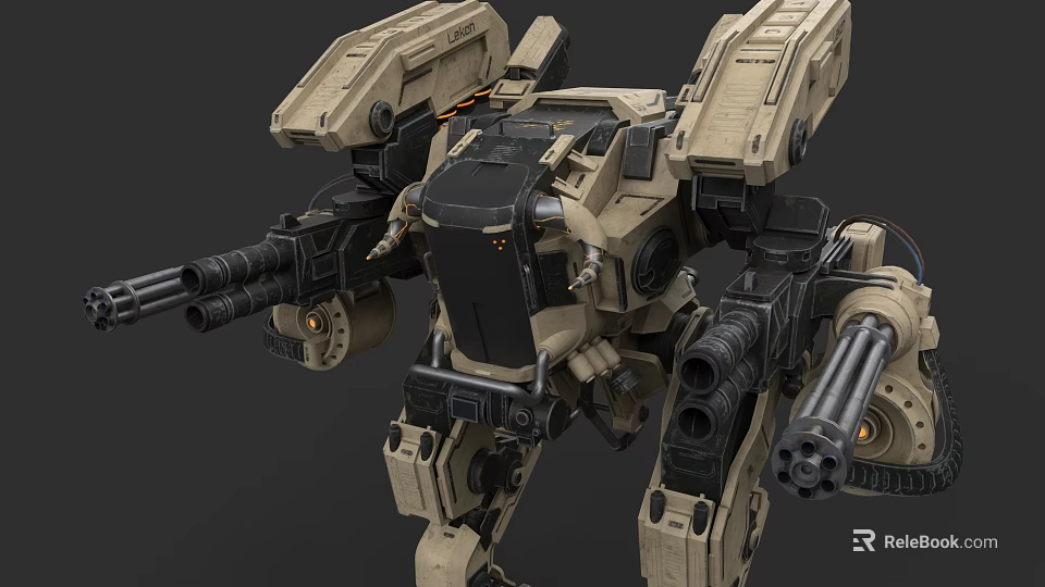 Bipedal Combat Mech Equipped with Heavy Weapons Multiple Cannons and Armored Structure 3d model 