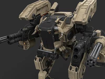 Bipedal Combat Mech Equipped with Heavy Weapons Multiple Cannons and Armored Structure 3d model