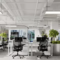 Modern Public Office Space With White Desks Black Chairs And Greenery